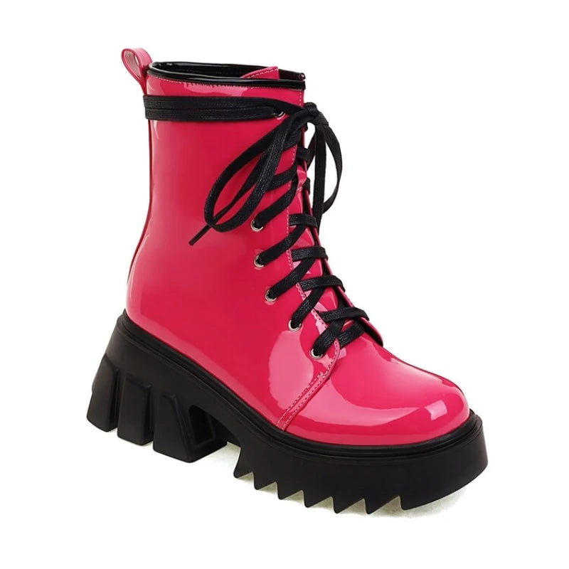 LeShion Of Chanmeb Women Patent Leather Boots Bright Yellow Chunky High Heels Gothic Boots Platforms Lady Lace-up Rose Red Shoes
