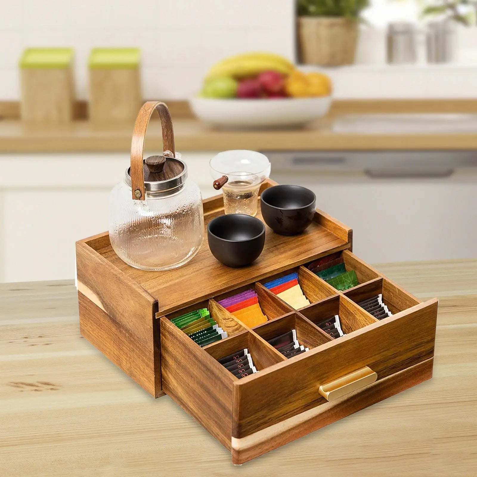 Wood Tea Bag Organizer with Multiple Compartments Practical Tea Box Organizer for Display Home Pantry Kitchen Office Countertop