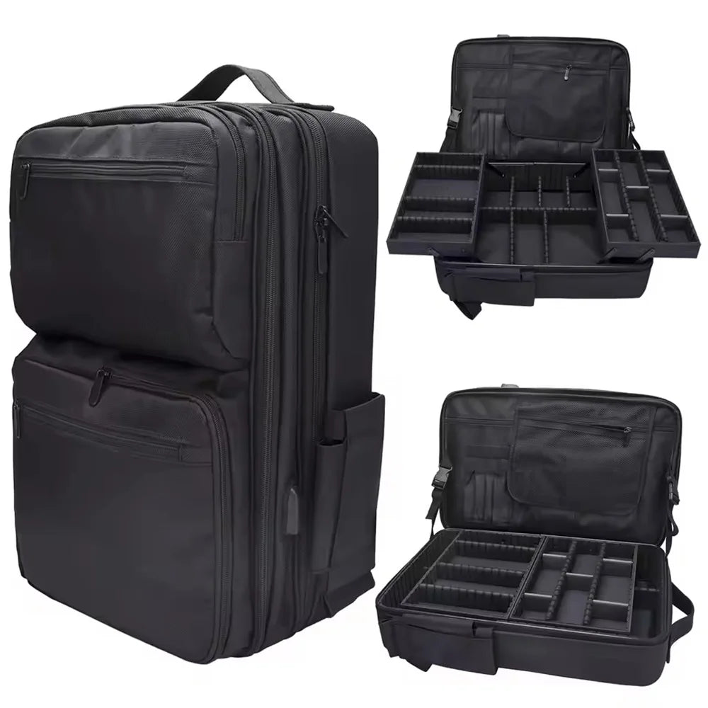Makeup Travel Backpack with Sliding Large Cosmetic Storage Organizer Bag Trays Adjustable Dividers Partition Barber Tools Bag ﻿