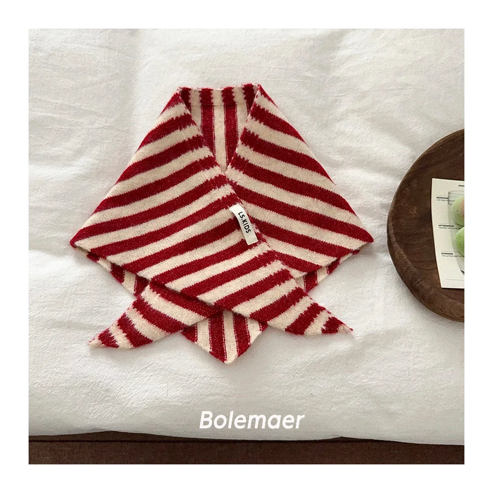 NewBaby Kids  Autumn Winter Black Apricot Striped Wool Knitted Scarf Small Scarf Versatile Warm Korean Triangle Warm Soft Scarf