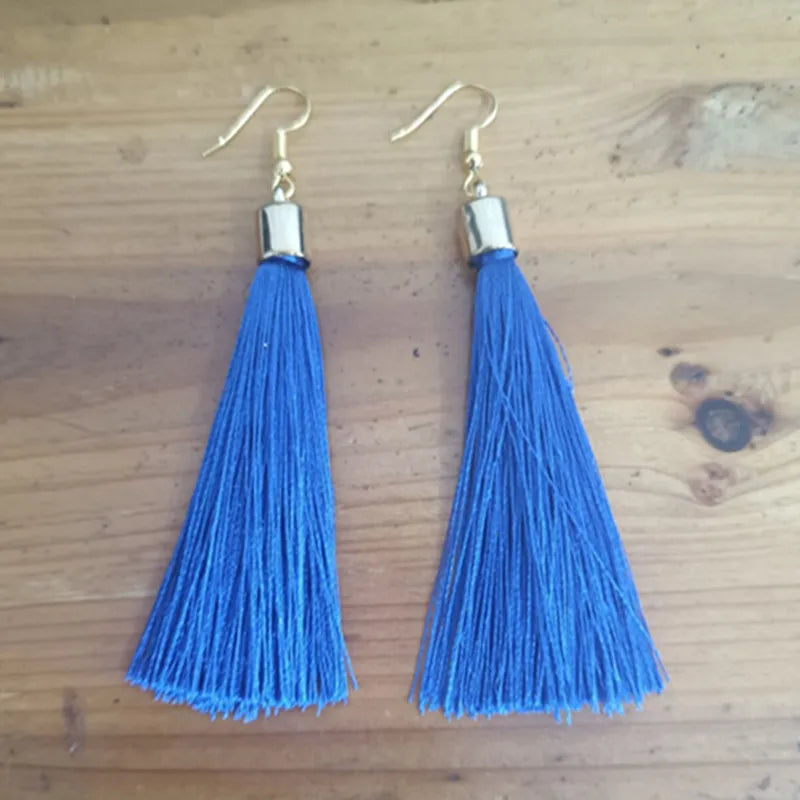 New Crystal Rose Flower Long Tassel Earrings Boho Black Red White Silk Fabric Thread Flower Drop Earrings Women Jewelry Oorbelle