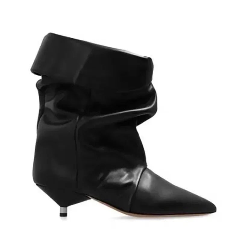 2024 Autumn/Winter New Women's Thin Heel Short Boots Fashion Pointed Wide Tube Folded Stacked Boots Women's Large Ankle Boots