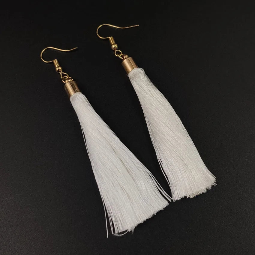 New Crystal Rose Flower Long Tassel Earrings Boho Black Red White Silk Fabric Thread Flower Drop Earrings Women Jewelry Oorbelle