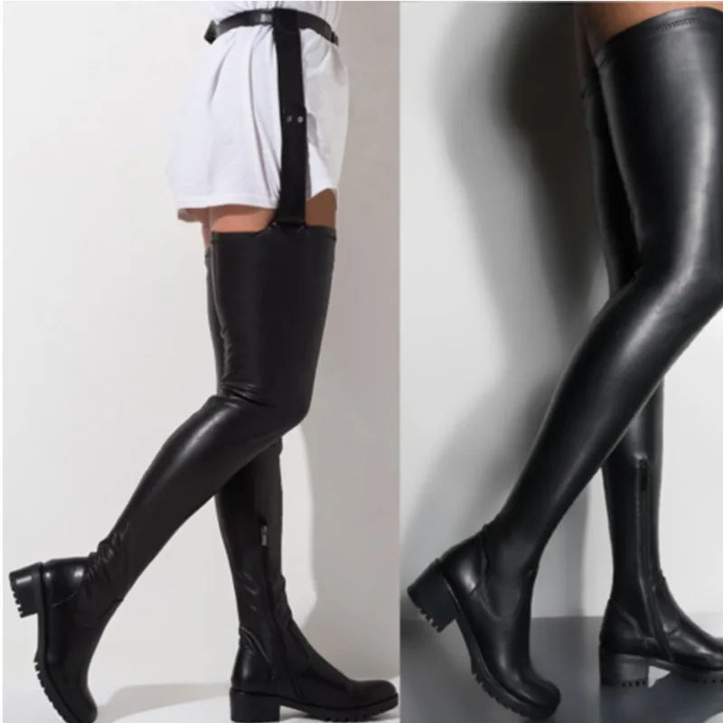 Big Size 46 Black Thigh High Boots Sexy Belt Buckles Stiletto Heel Over The Knee Boots Women's Shoes Fashion