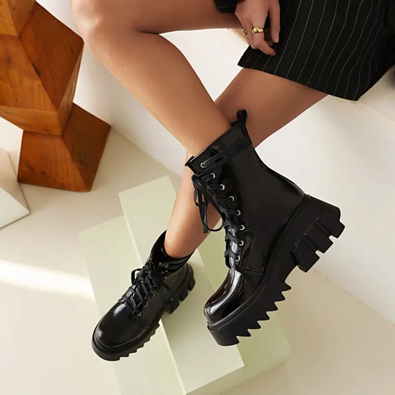 LeShion Of Chanmeb Women Patent Leather Boots Bright Yellow Chunky High Heels Gothic Boots Platforms Lady Lace-up Rose Red Shoes