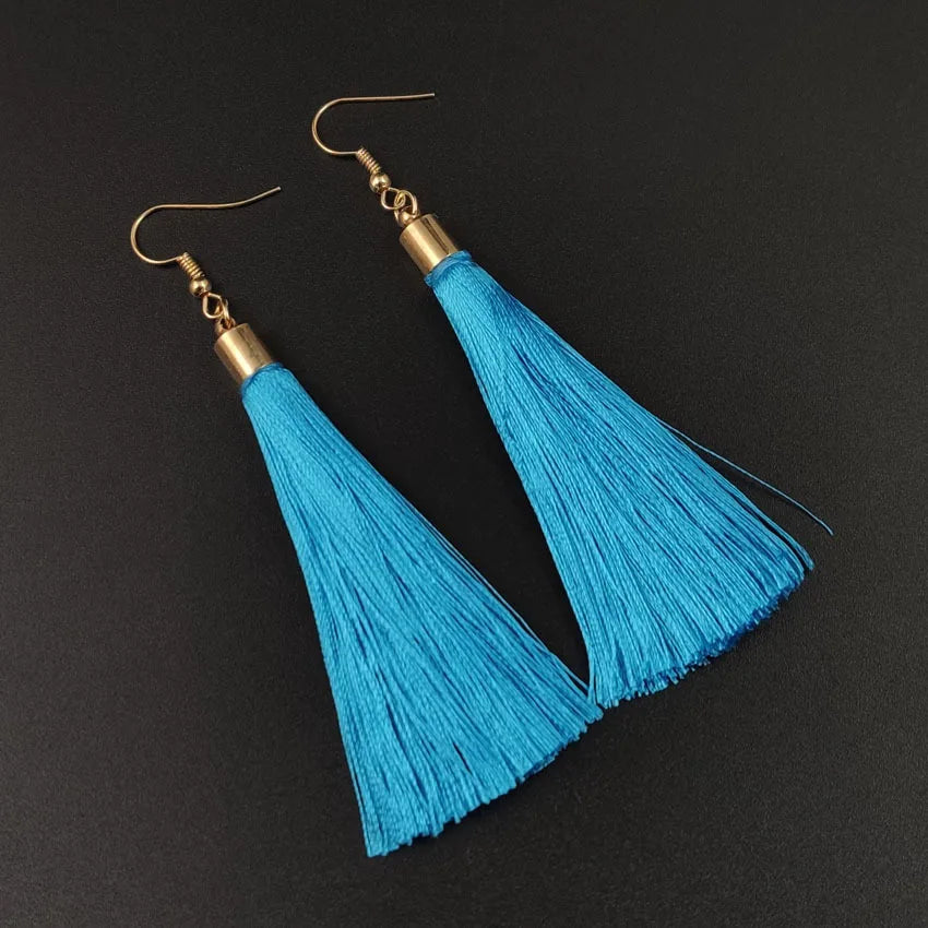 New Crystal Rose Flower Long Tassel Earrings Boho Black Red White Silk Fabric Thread Flower Drop Earrings Women Jewelry Oorbelle