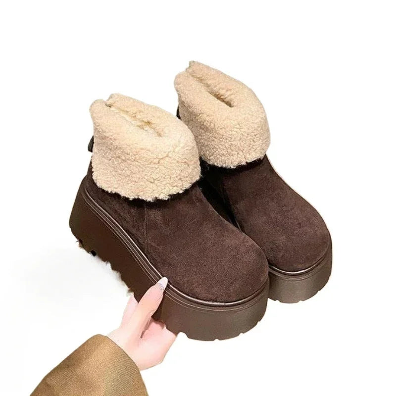 Platform Women's Snow Ankle Boots Suede Mid Heel Cotton Shoes Short Plush Warm Boots Trendy Winter Casual Boots Botas De Mujer