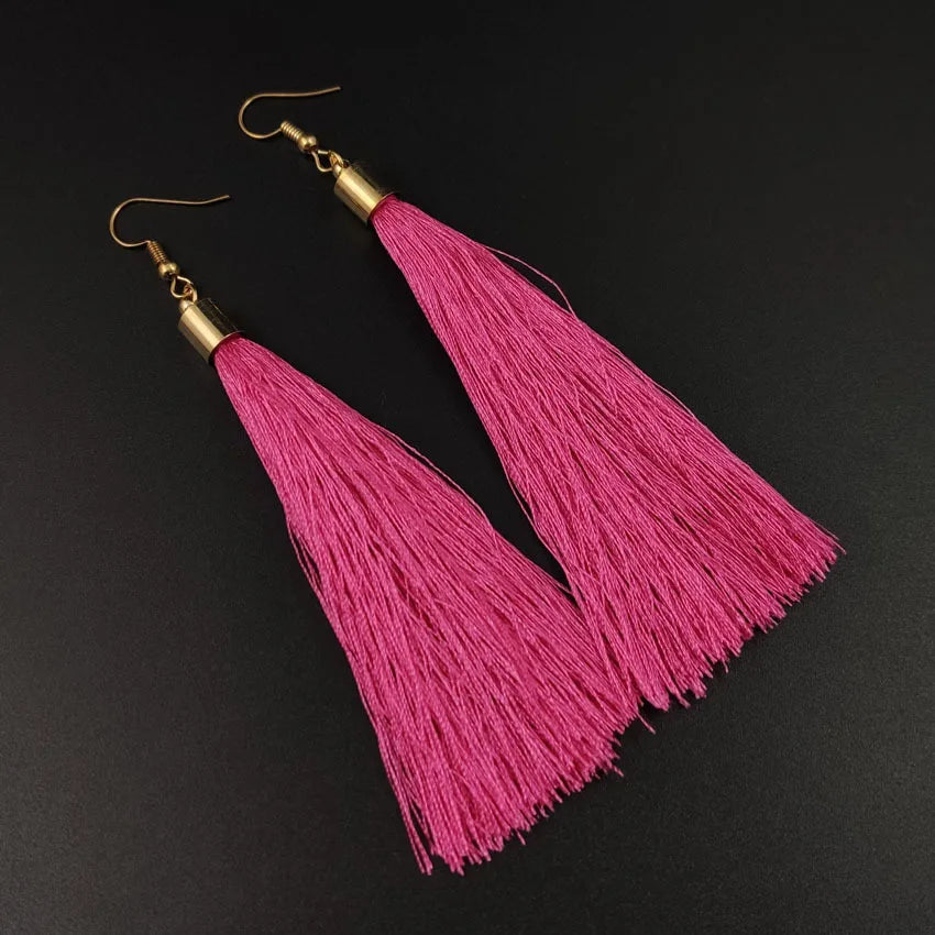 New Crystal Rose Flower Long Tassel Earrings Boho Black Red White Silk Fabric Thread Flower Drop Earrings Women Jewelry Oorbelle