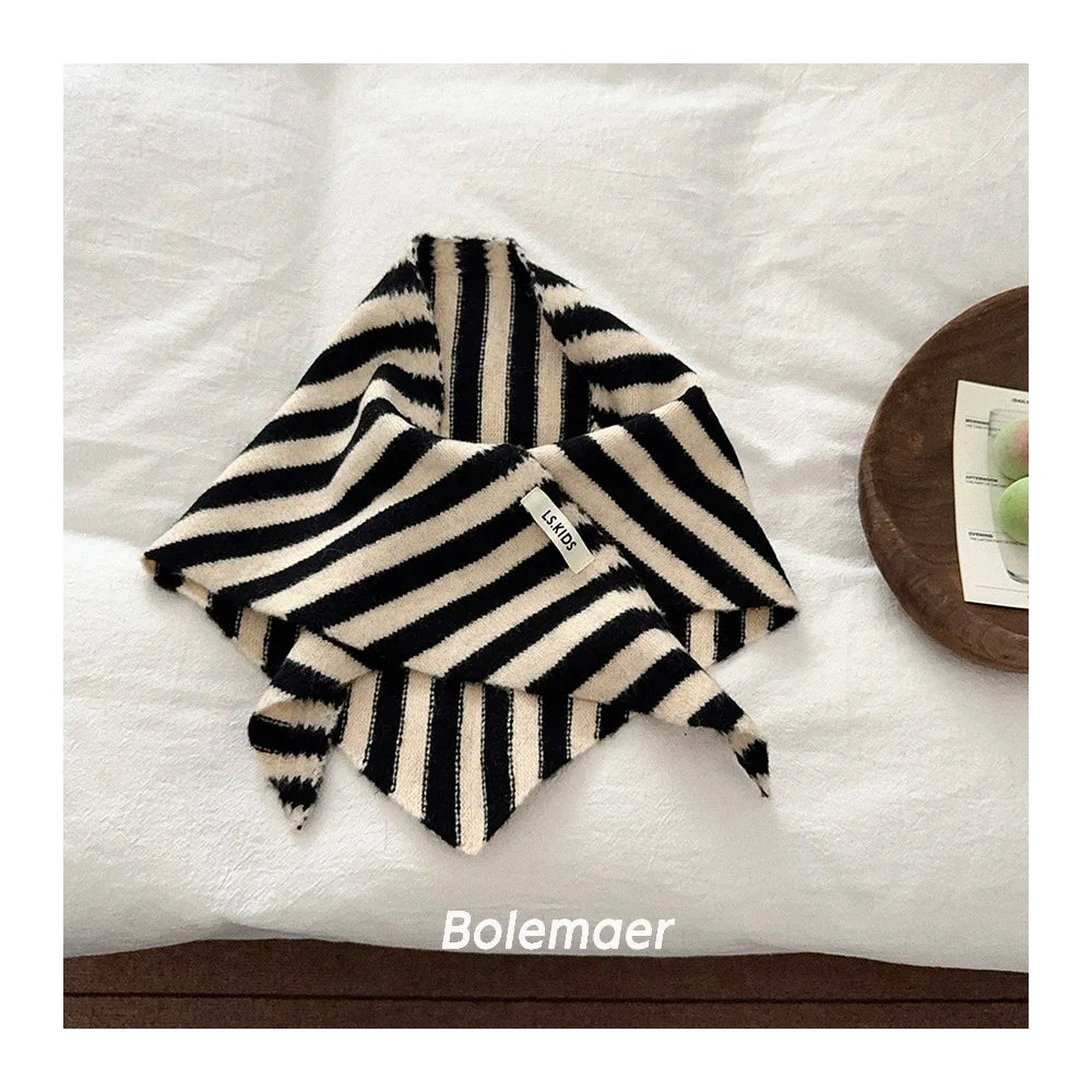 NewBaby Kids  Autumn Winter Black Apricot Striped Wool Knitted Scarf Small Scarf Versatile Warm Korean Triangle Warm Soft Scarf