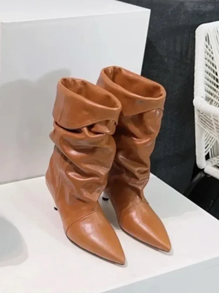 2024 Autumn/Winter New Women's Thin Heel Short Boots Fashion Pointed Wide Tube Folded Stacked Boots Women's Large Ankle Boots