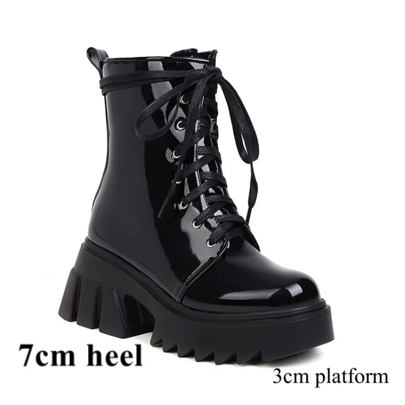 LeShion Of Chanmeb Women Patent Leather Boots Bright Yellow Chunky High Heels Gothic Boots Platforms Lady Lace-up Rose Red Shoes