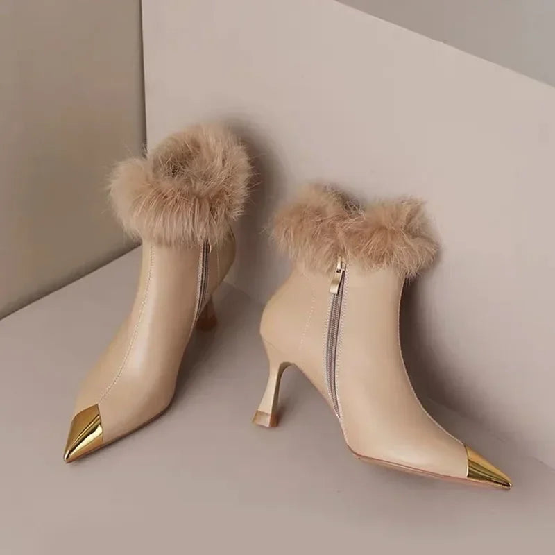Women Sexy Plush High Heels Chelsea Ankle Boots Luxury Pointed Toe Zipper Shoes 2024 Winter Fashion Gladiator Pumps Botas