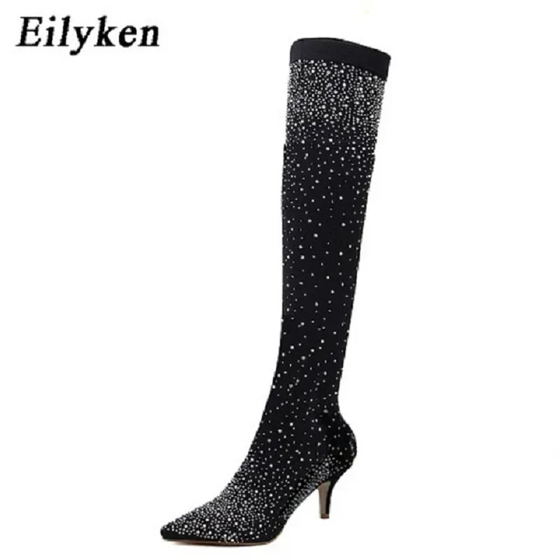 Eilyken Sexy Runway Crystal Stretch Fabric Sock Over the Knee Boot Thigh Stiletto High Pointed Toe Woman Shoes Zapatillas Mujer