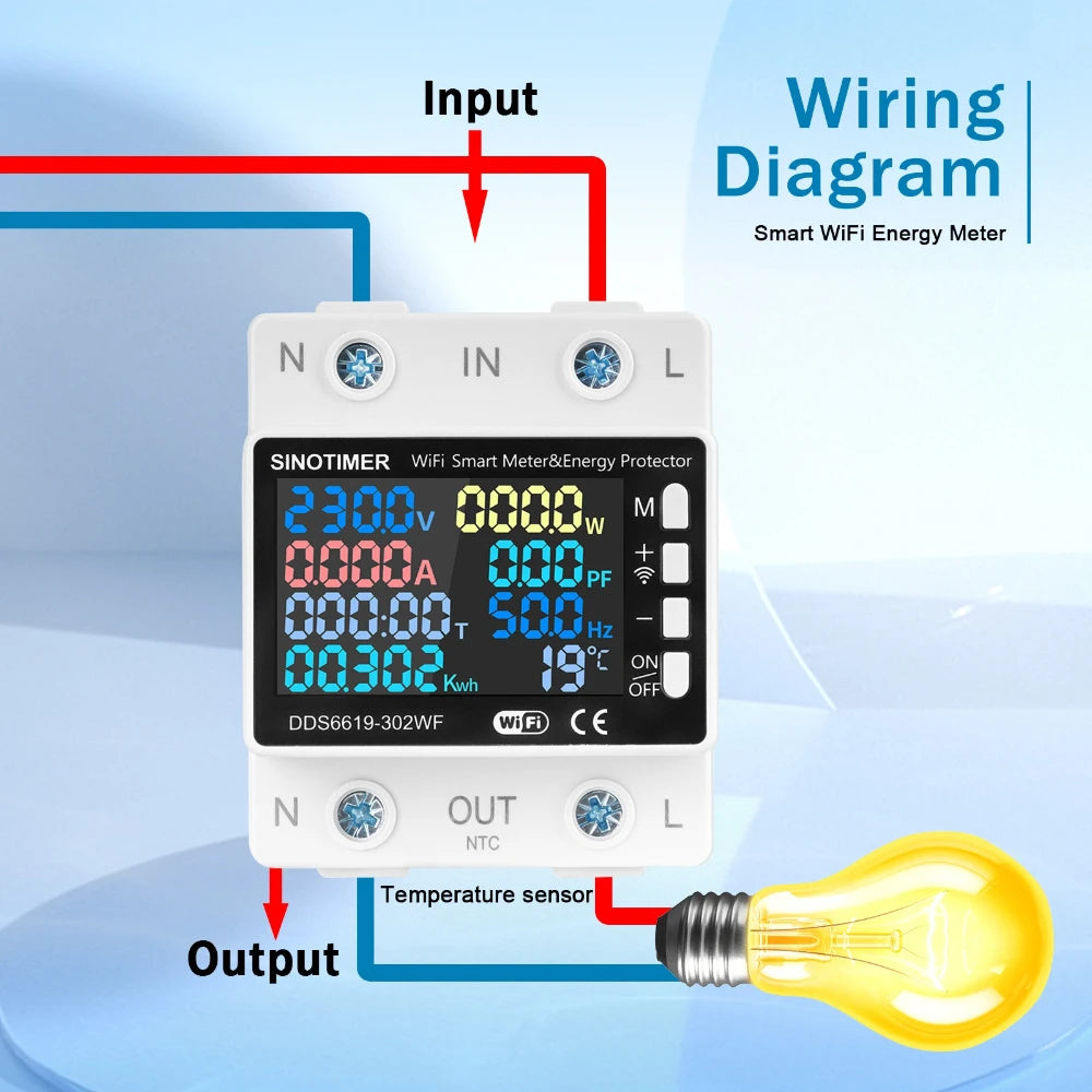 Smart Tuya WIFI Power Meter 63A Circuit Breaker Multiple Protection Temperature Energy AC Amp kWh Voltage Meter Remotely Control