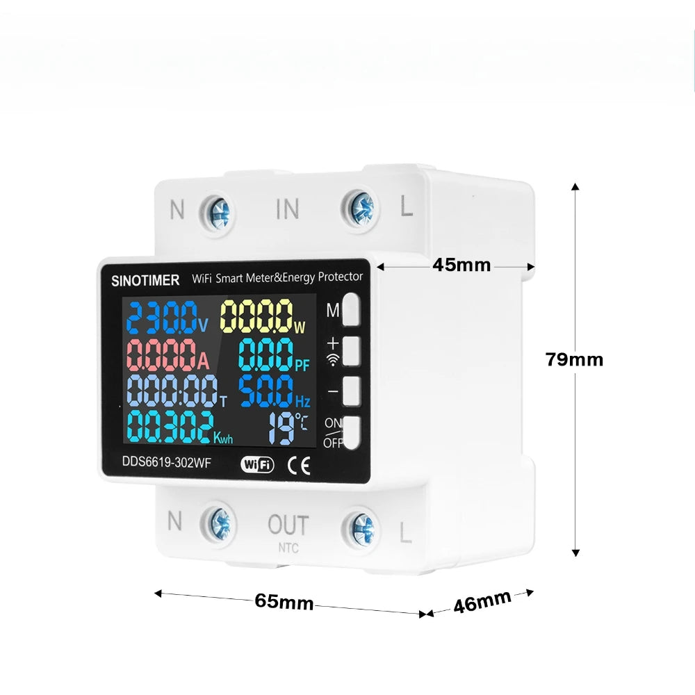 Smart Tuya WIFI Power Meter 63A Circuit Breaker Multiple Protection Temperature Energy AC Amp kWh Voltage Meter Remotely Control
