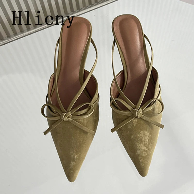 Hlieny Fashion Design Butterfly-Knot Pointed Toe Low Thin Heels Mules Slippers Women Pumps Shallow Slingback Sandal Female Shoes