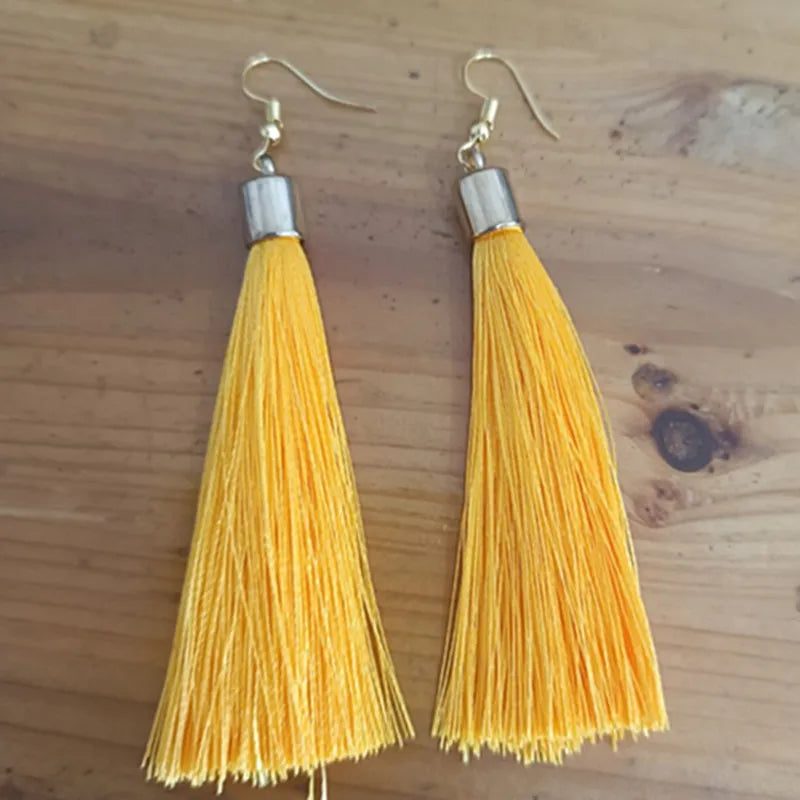 New Crystal Rose Flower Long Tassel Earrings Boho Black Red White Silk Fabric Thread Flower Drop Earrings Women Jewelry Oorbelle