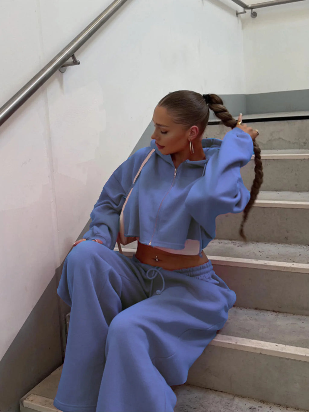 Women Hooded Zip-up Cropped Sweatshirt and Long Pants 2 Piece Sets 2026 Autumn Casual Hoodies Sweatpants Suit Tracksuits