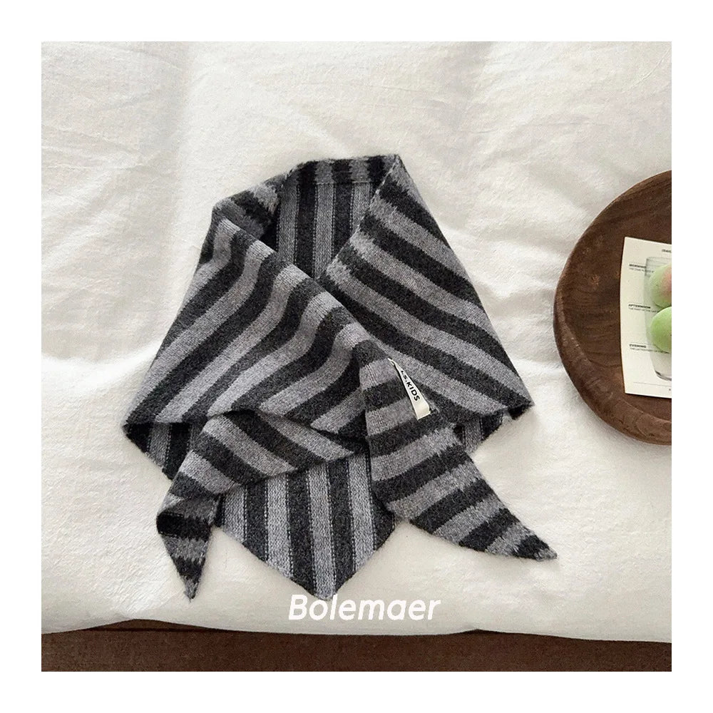 NewBaby Kids  Autumn Winter Black Apricot Striped Wool Knitted Scarf Small Scarf Versatile Warm Korean Triangle Warm Soft Scarf
