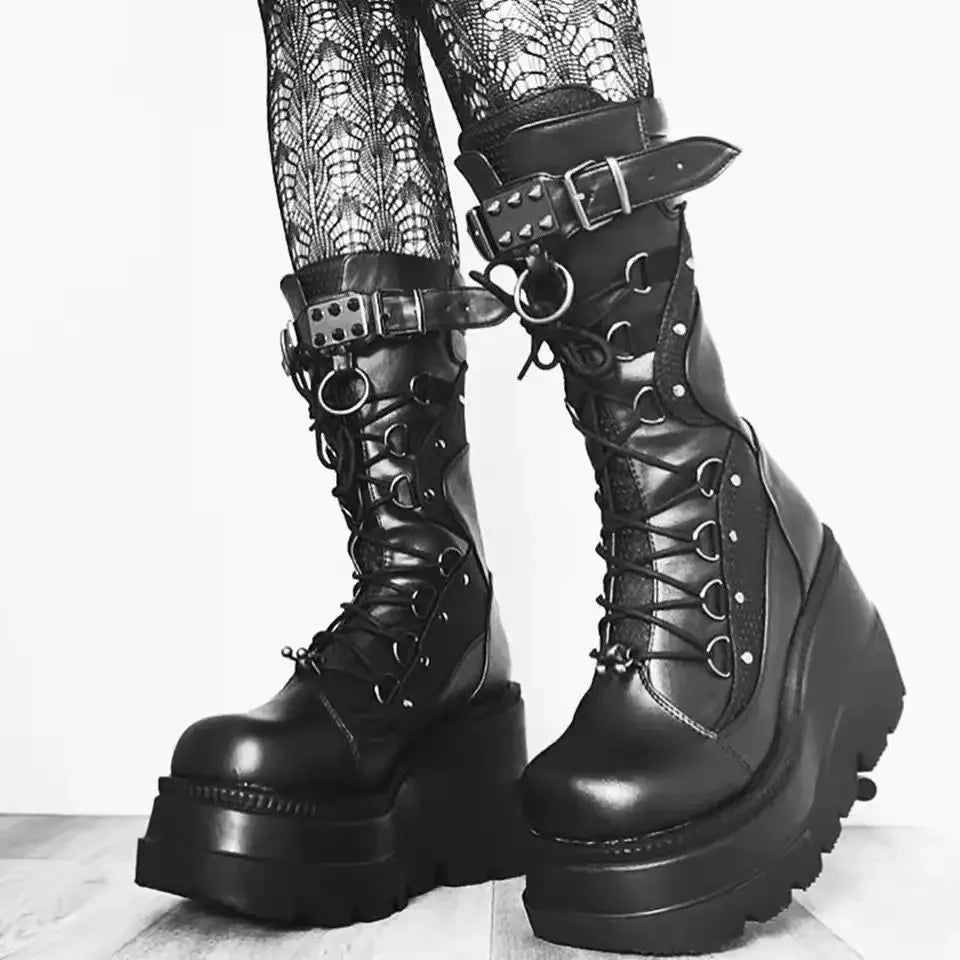 Brand New Ladies Goth Platform Boots Fashion Rivet Buckle Punk Wedges High Heels women's Boots Party Street Cosplay Woman Shoes
