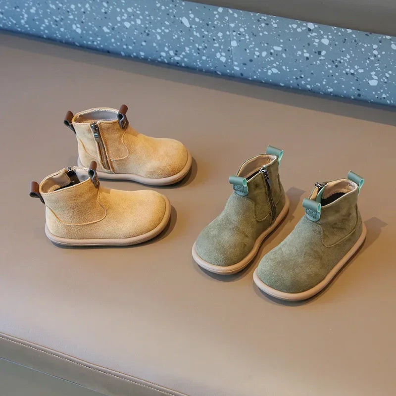 Children Boots Autumn Winter Kids Warm Fur Shoes Vintage Style Toddler Boys Girls Soft PU Leather Ankle Boots Yellow, Green