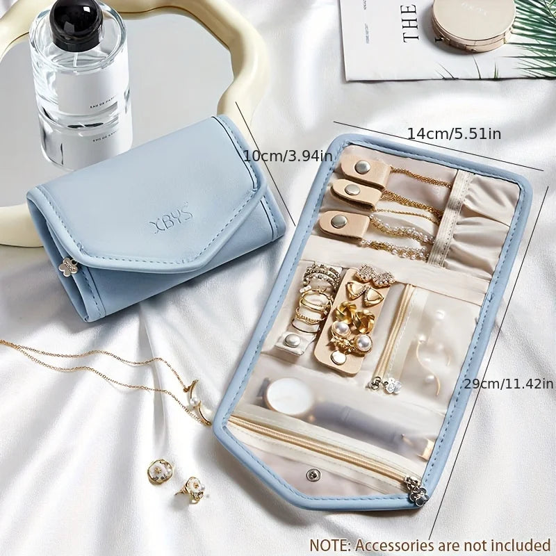 Travel Jewelry Organizer Bag, PU Material Necklace Earring Ring Storage Pouch with Watch Compartment, Portable Zippered