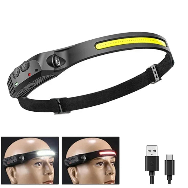 LED COB Induction Headlamp Built-in Battery Sensor Head Flashlight USB Rechargeable 5 Lighting Modes Waterproof Headlight