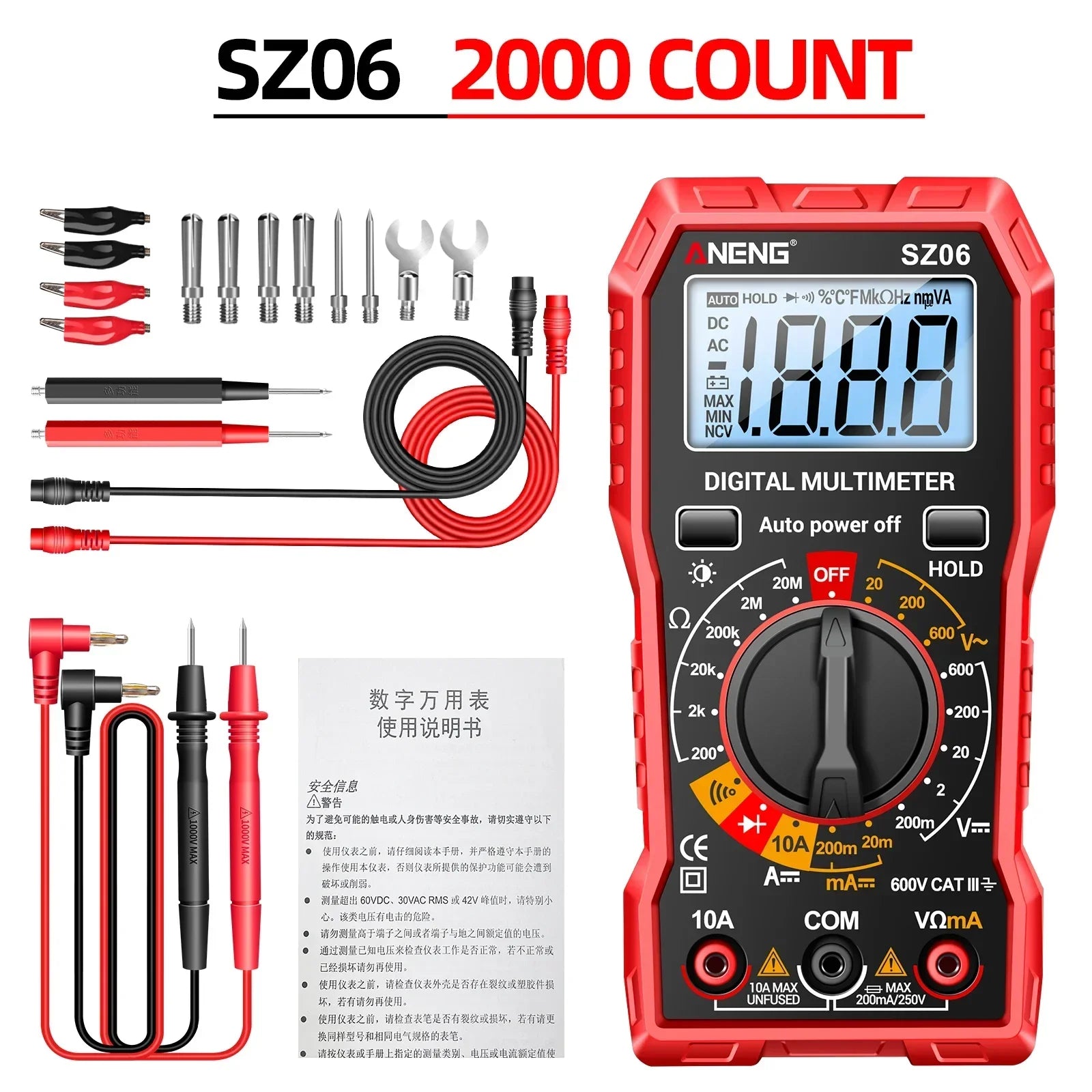 Smart Digital Multimeter ANENG 600V AC/DC Voltage multimetro 2000 Count 10A DC Current Testing Ohm Resistance Diode test Tools