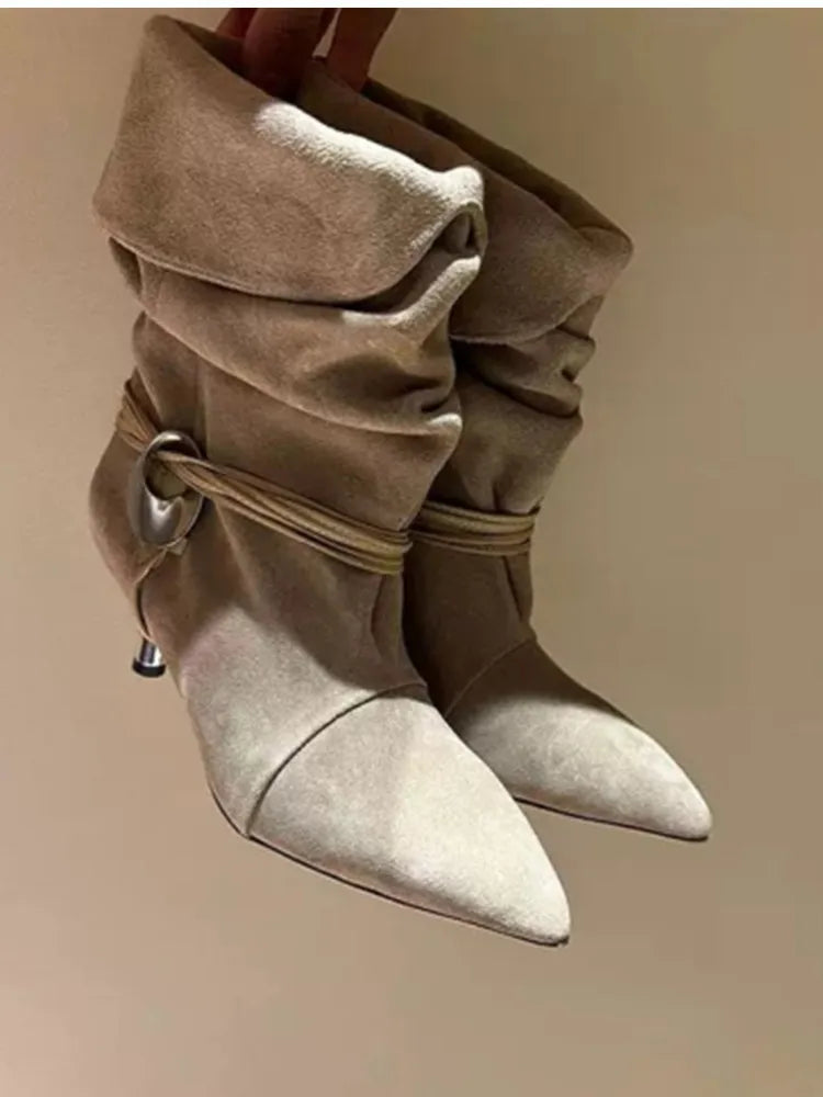 2024 Autumn/Winter New Women's Thin Heel Short Boots Fashion Pointed Wide Tube Folded Stacked Boots Women's Large Ankle Boots