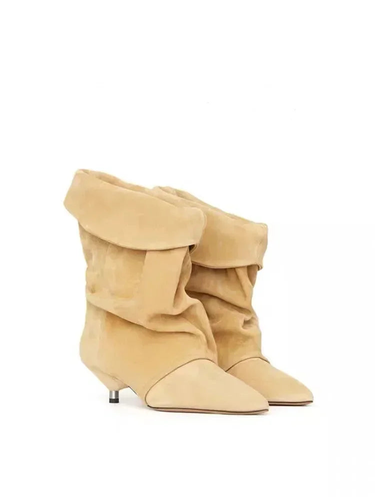 2024 Autumn/Winter New Women's Thin Heel Short Boots Fashion Pointed Wide Tube Folded Stacked Boots Women's Large Ankle Boots