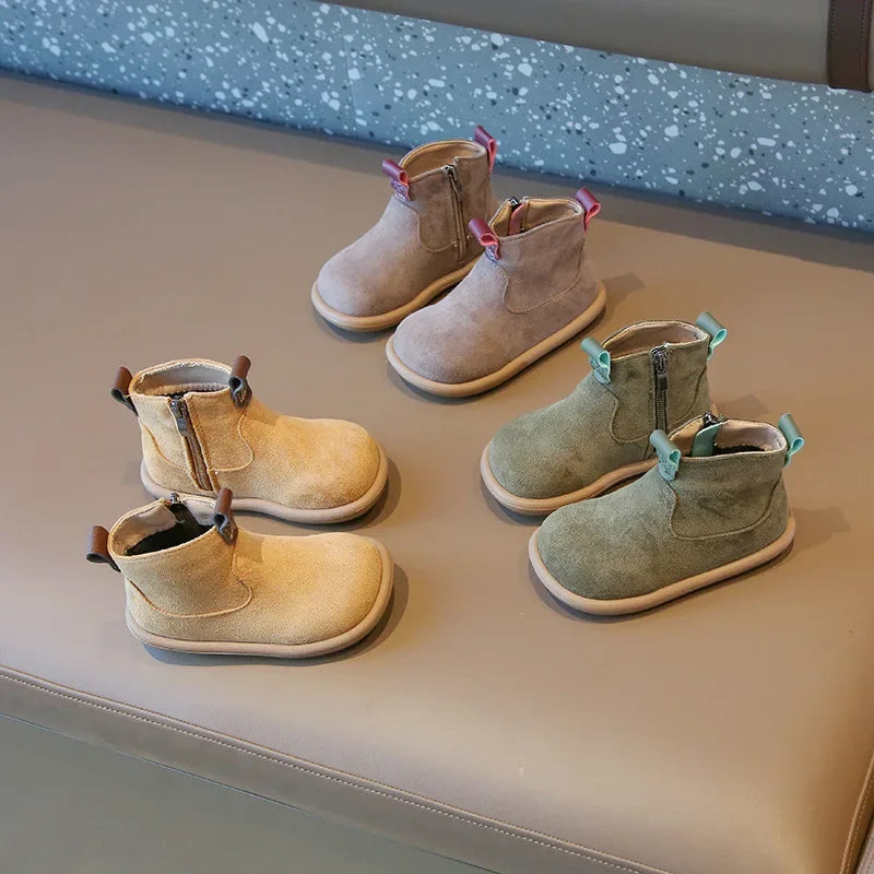Children Boots Autumn Winter Kids Warm Fur Shoes Vintage Style Toddler Boys Girls Soft PU Leather Ankle Boots Yellow, Green
