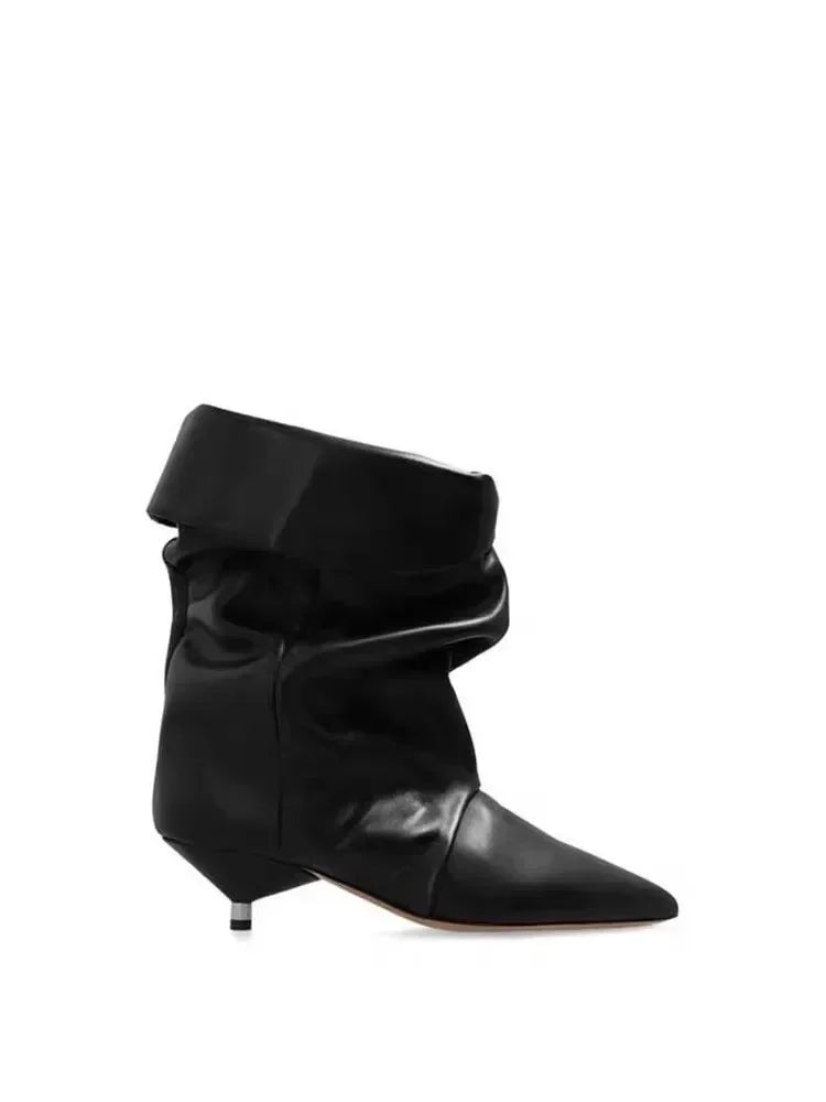 2024 Autumn/Winter New Women's Thin Heel Short Boots Fashion Pointed Wide Tube Folded Stacked Boots Women's Large Ankle Boots