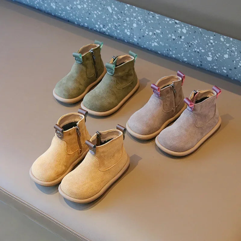 Children Boots Autumn Winter Kids Warm Fur Shoes Vintage Style Toddler Boys Girls Soft PU Leather Ankle Boots Yellow, Green