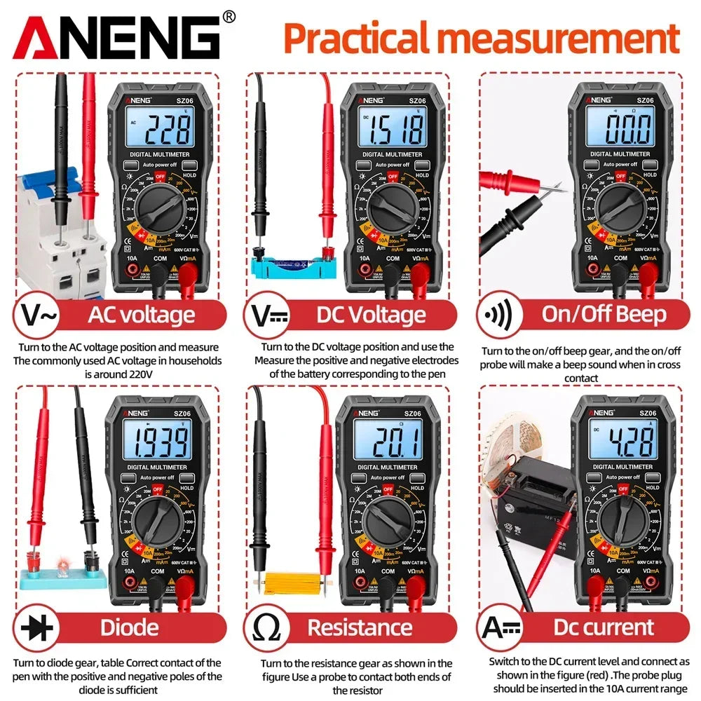 Smart Digital Multimeter ANENG 600V AC/DC Voltage multimetro 2000 Count 10A DC Current Testing Ohm Resistance Diode test Tools